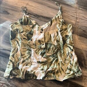 H&M Linen Leaf Print Green and White Women's Top